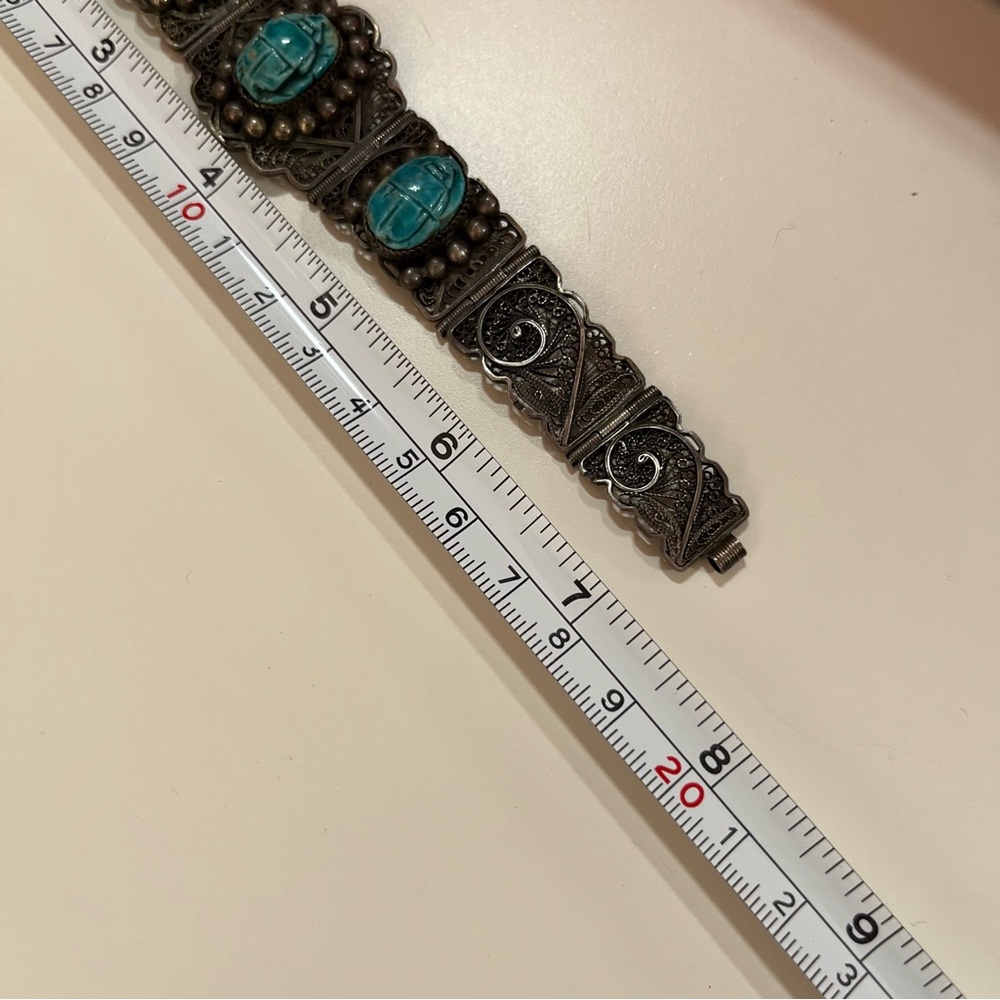 Antique Art Deco Sterling Silver Egyptian turquoise Scarab Beetle wide Bracelet - Picture 10 of 17